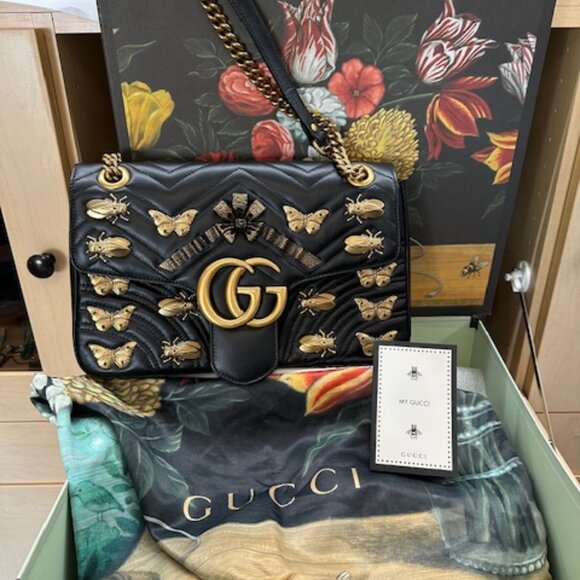 Gucci GG Marmont Medium Insect Black Matelassé Purse - Picture 1 of 13